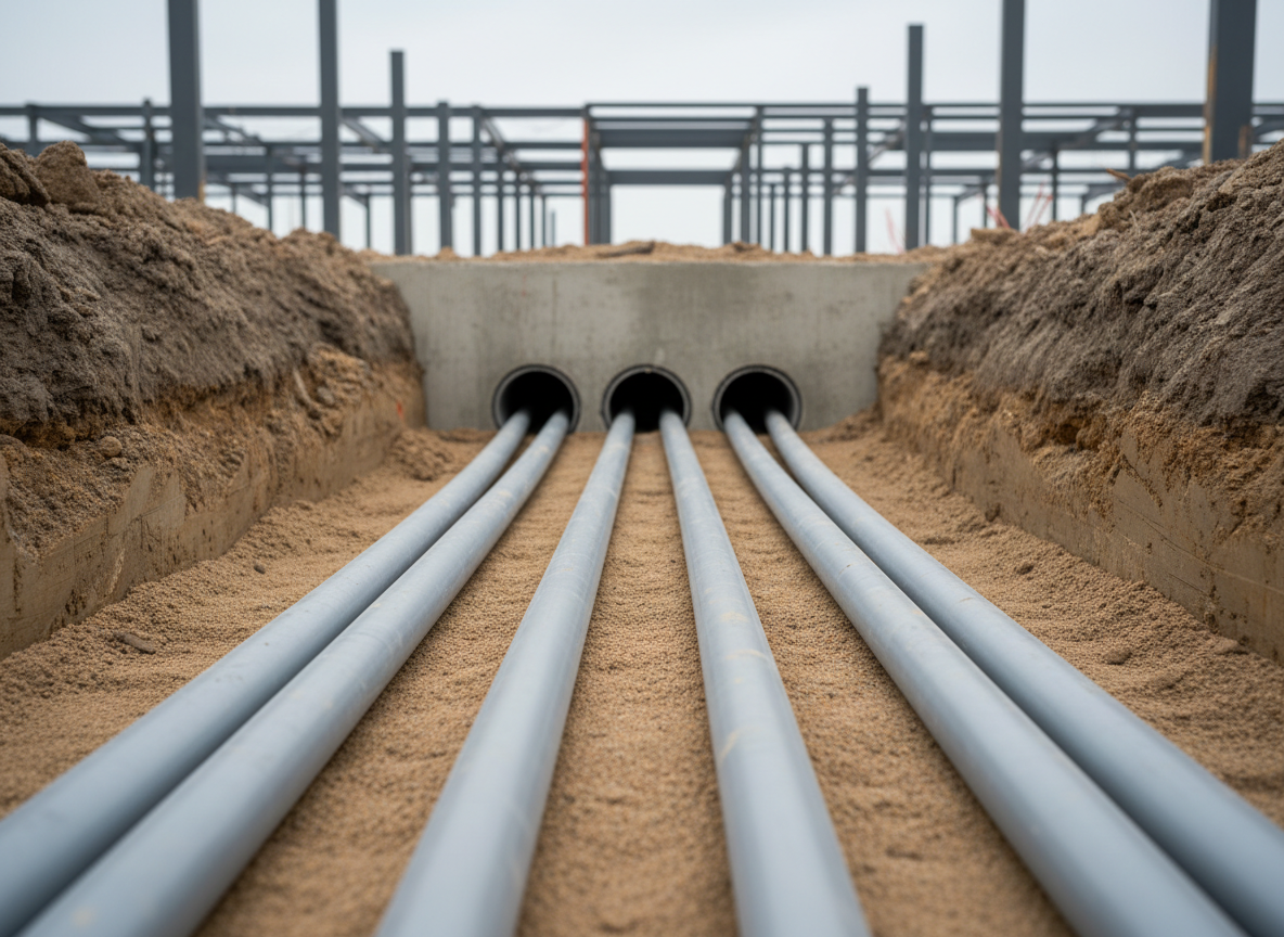 A highly detailed close-up photographic scene of electrical conduit installation in a commercial development in the Dallas–Fort Worth area. In a deep, narrow trench, multiple gray PVC conduits are perfectly parallel, emerging from a concrete duct bank and extending into compacted soil. The conduits are uniformly spaced with smooth, clean surfaces, surrounded by carefully leveled sand backfill. In the background, blurred structural steel columns and a partially built commercial pad hint at a larger project. Overcast, diffused daylight minimizes harsh shadows, creating an even, technical feel. Captured from a low, eye-level perspective along the line of conduit, the image emphasizes precision, organization, and professional craftsmanship in underground utility work, with a clean, modern photographic realism and no human presence.