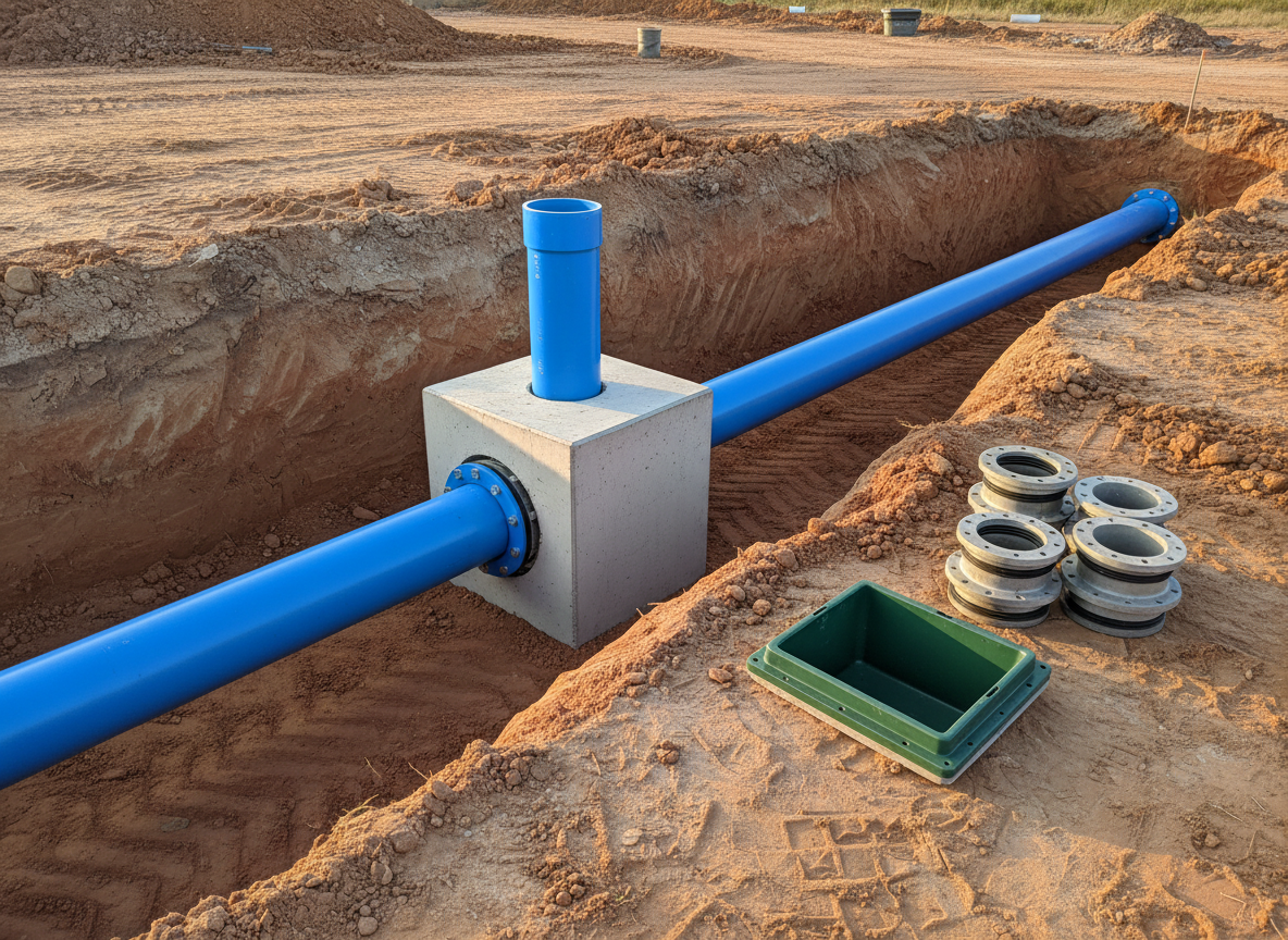 A detailed photographic scene of underground water main installation near a commercial building pad in the Dallas–Fort Worth area. In the center, a large-diameter blue C900 PVC water main runs horizontally through a wide trench, with a T-fitting and connected smaller line rising toward a neatly formed thrust block of smooth, pale concrete. The surrounding soil shows stratified layers, carefully cut and stable. Nearby, a green valve box housing and stacked gasketed fittings rest on level ground, ready for use. Warm, golden-hour sunlight illuminates the blue pipe and concrete surfaces, creating crisp but not harsh shadows that enhance depth and texture. Shot from a three-quarter angle at trench level, the image feels solid, trustworthy, and professional, highlighting real-world commercial utility work with photographic realism and no humans.