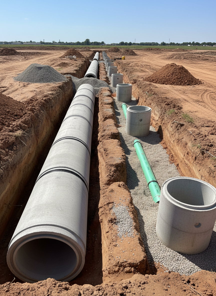 A precise photographic view of a storm drain and sanitary sewer installation corridor on a large construction site in North Texas. Two parallel trenches run diagonally across the frame: one containing larger precast concrete storm drain pipes with bell-and-spigot joints, the other housing smaller, smooth-walled SDR-35 green sewer pipe bedded in granular material. Manhole bases with open riser sections stand at intervals, their clean concrete surfaces contrasting with the earthy soil. The sky is bright with clear Texas sunlight, casting defined but controlled shadows that accentuate the cylindrical forms and joint details. Captured from a medium elevated angle, the composition shows the alignment and grades of each system, conveying engineering precision, durability, and organized commercial underground utility work, all in clean, professional photographic realism with no people visible.