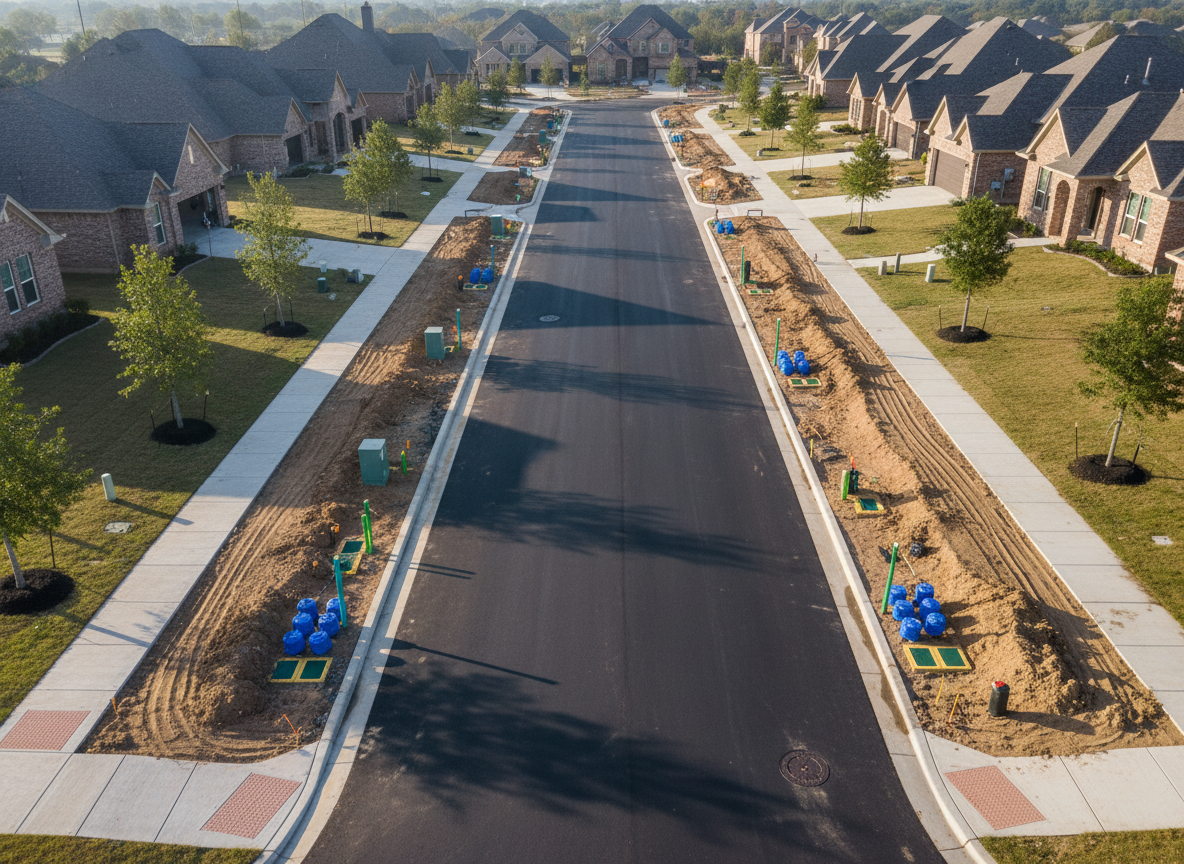 A photographic bird’s-eye view of a new subdivision street in the Dallas–Fort Worth metroplex, mid-construction, showcasing coordinated underground utilities. The paved roadway is flanked by open utility corridors where trenches have been backfilled, leaving smooth, compacted bands of soil. Color-coded utility markers, valve boxes, and clean, rectangular meter boxes are arranged in a tidy grid along the curb line, with clearly separated zones for water, sewer, electric, and communications. Soft morning sunlight creates gentle highlights on concrete curbs and manhole covers, while young native trees and distant rooftops frame the scene. The composition uses rule-of-thirds to balance the road and utility corridor, conveying order, planning, and reliable infrastructure in a realistic, professional style without any visible people.