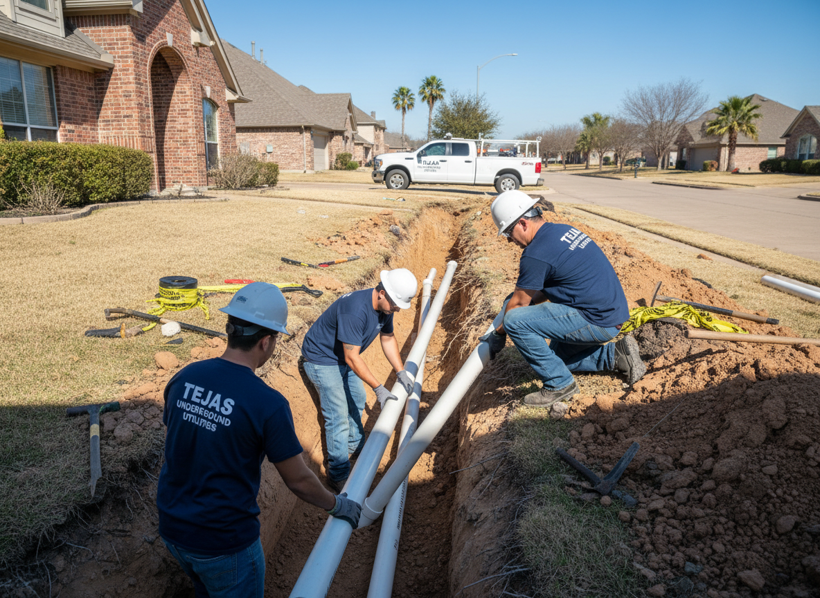 A highly detailed close-up photographic scene of electrical conduit installation in a commercial development in the Dallas–Fort Worth area. In a deep, narrow trench, multiple gray PVC conduits are perfectly parallel, emerging from a concrete duct bank and extending into compacted soil. The conduits are uniformly spaced with smooth, clean surfaces, surrounded by carefully leveled sand backfill. In the background, blurred structural steel columns and a partially built commercial pad hint at a larger project. Overcast, diffused daylight minimizes harsh shadows, creating an even, technical feel. Captured from a low, eye-level perspective along the line of conduit, the image emphasizes precision, organization, and professional craftsmanship in underground utility work, with a clean, modern photographic realism and no human presence.
