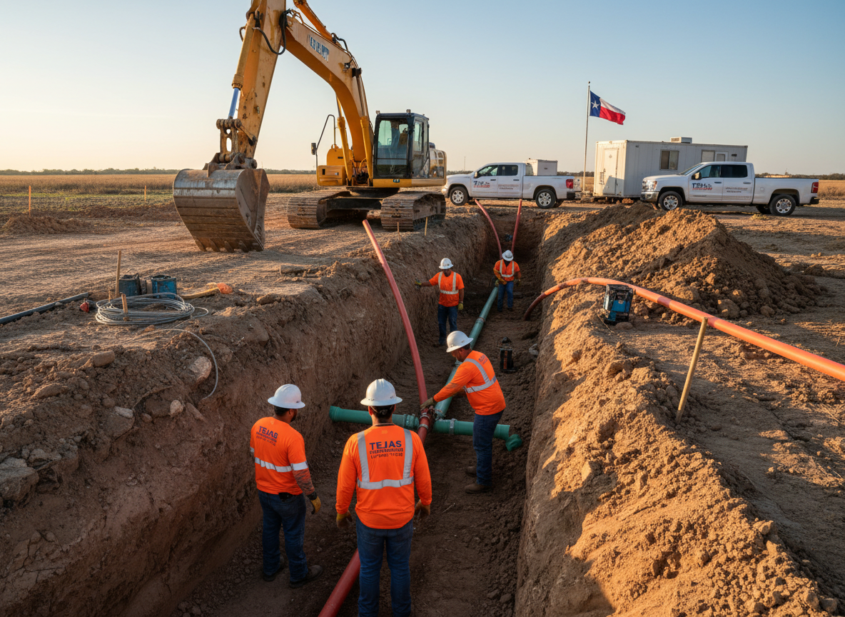 A photographic bird’s-eye view of a new subdivision street in the Dallas–Fort Worth metroplex, mid-construction, showcasing coordinated underground utilities. The paved roadway is flanked by open utility corridors where trenches have been backfilled, leaving smooth, compacted bands of soil. Color-coded utility markers, valve boxes, and clean, rectangular meter boxes are arranged in a tidy grid along the curb line, with clearly separated zones for water, sewer, electric, and communications. Soft morning sunlight creates gentle highlights on concrete curbs and manhole covers, while young native trees and distant rooftops frame the scene. The composition uses rule-of-thirds to balance the road and utility corridor, conveying order, planning, and reliable infrastructure in a realistic, professional style without any visible people.