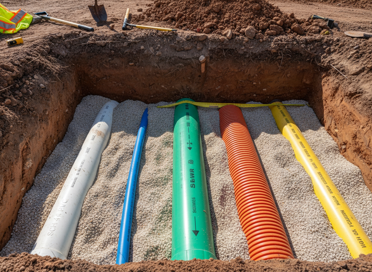 A precise photographic view of a storm drain and sanitary sewer installation corridor on a large construction site in North Texas. Two parallel trenches run diagonally across the frame: one containing larger precast concrete storm drain pipes with bell-and-spigot joints, the other housing smaller, smooth-walled SDR-35 green sewer pipe bedded in granular material. Manhole bases with open riser sections stand at intervals, their clean concrete surfaces contrasting with the earthy soil. The sky is bright with clear Texas sunlight, casting defined but controlled shadows that accentuate the cylindrical forms and joint details. Captured from a medium elevated angle, the composition shows the alignment and grades of each system, conveying engineering precision, durability, and organized commercial underground utility work, all in clean, professional photographic realism with no people visible.