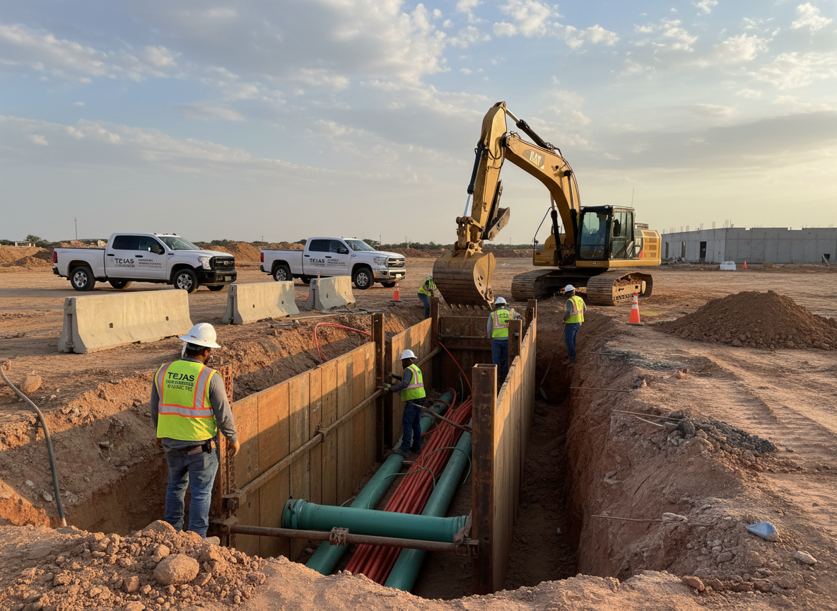 Commercial excavation and conduit work on a DFW construction site
