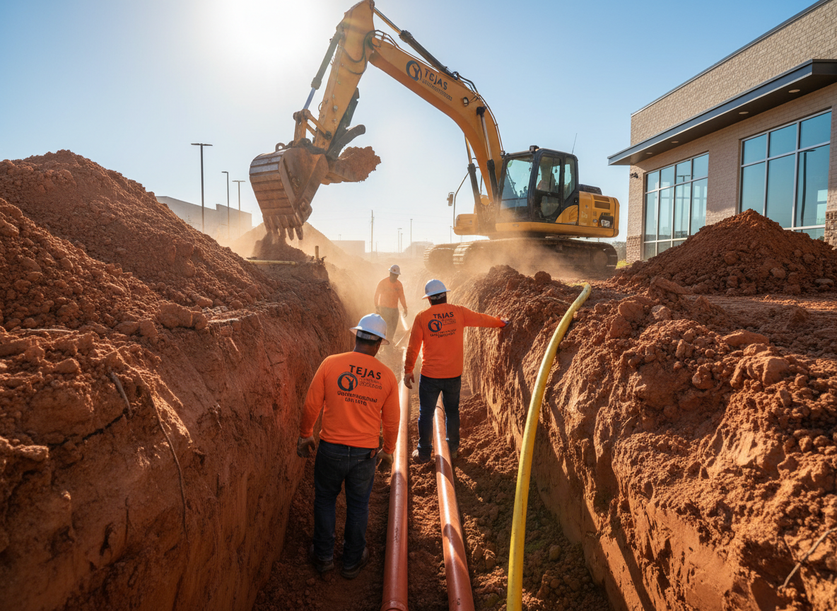 Commercial electrical conduit and duct bank installation on a DFW construction site