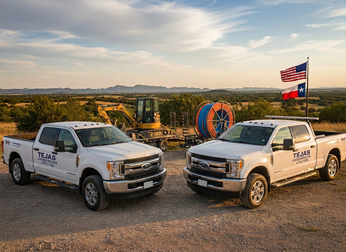 Realistic wide photo of Tejas Underground Utilities crew standing proudly in front of two white work trucks with "Tejas Underground Utilities" lettered on the doors and tailgates. Workers wearing matching navy shirts with company name, hard hats, and safety vests. Texas landscape in background, professional and proud team photo feel.