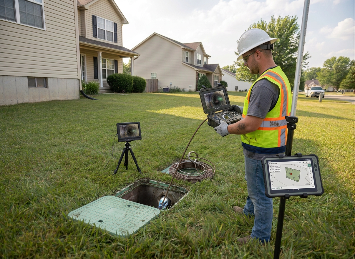 A realistic photo of underground utility repair work at a residential home — a worker in a shallow trench in a suburban backyard or front yard, repairing a water or sewer line near a house foundation, green grass visible, daytime, natural lighting, suburban neighborhood feel