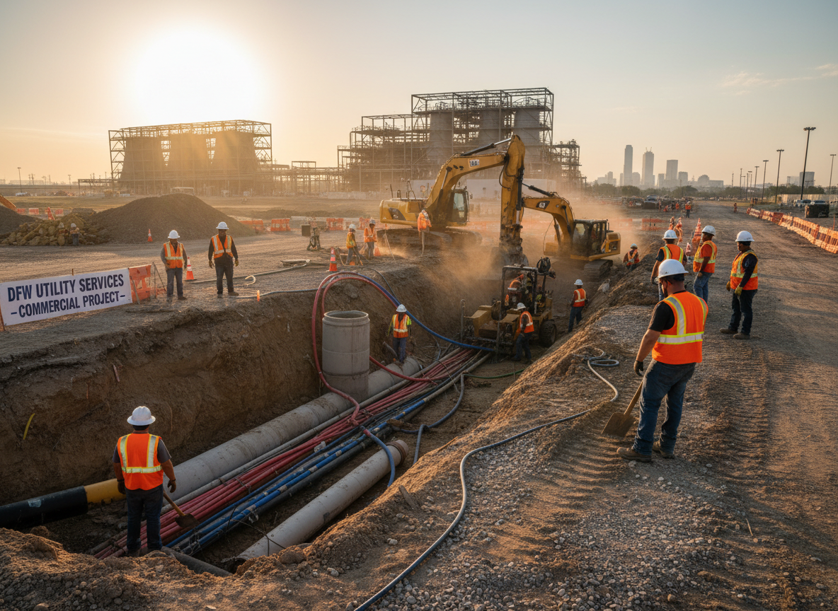 Tejas Underground Utilities crew working on a commercial job site in DFW